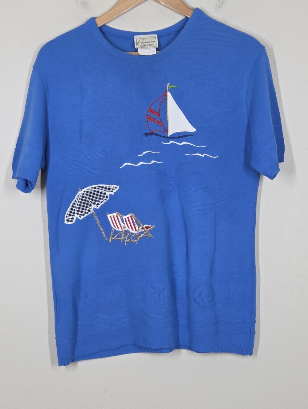Vtg 80s Company Collection Sailboat Knit Top Textured Nautical Beach Coastal M